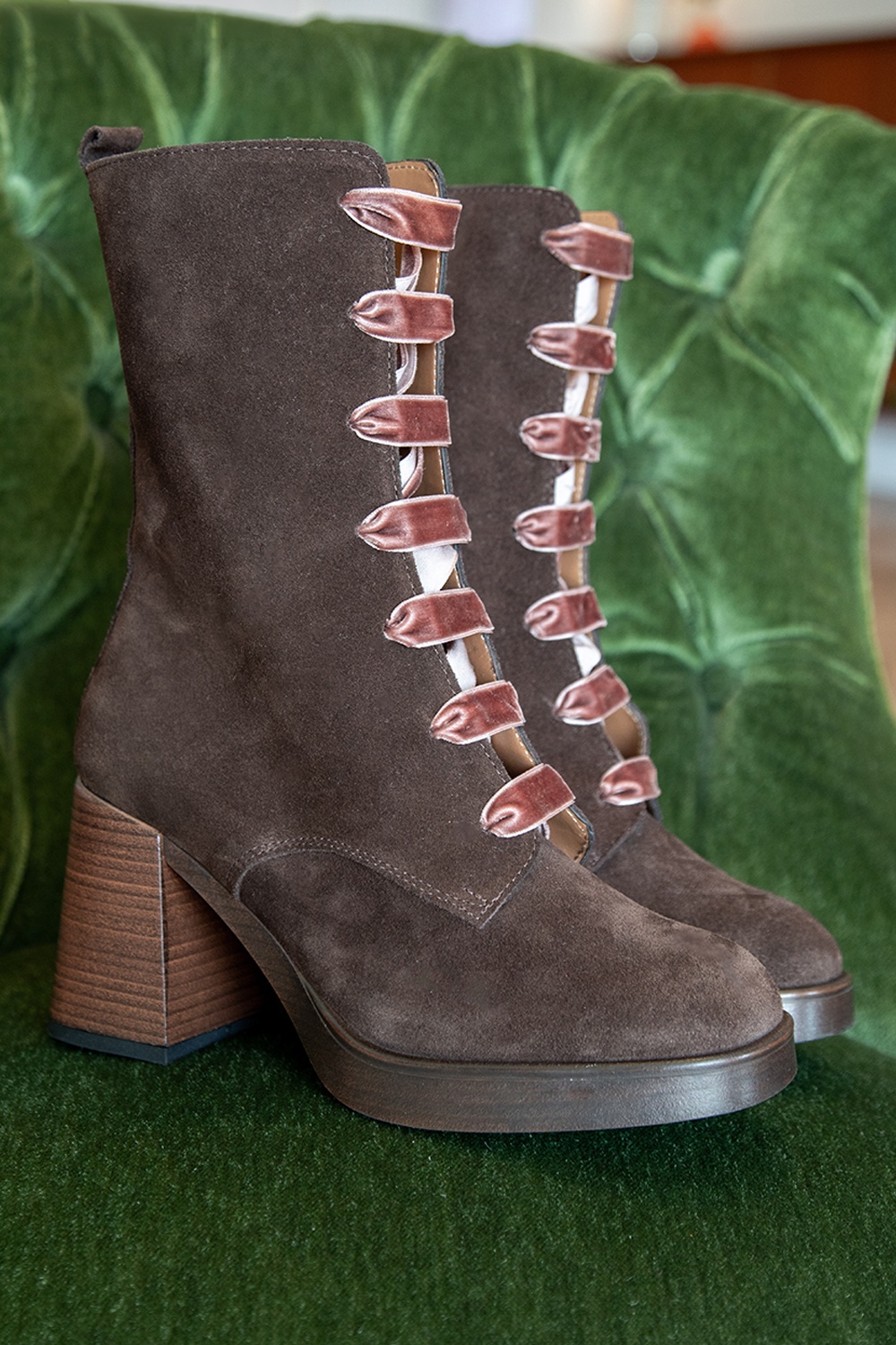 Nemonic - Western Suede Lace Up Boots in Maroon 5