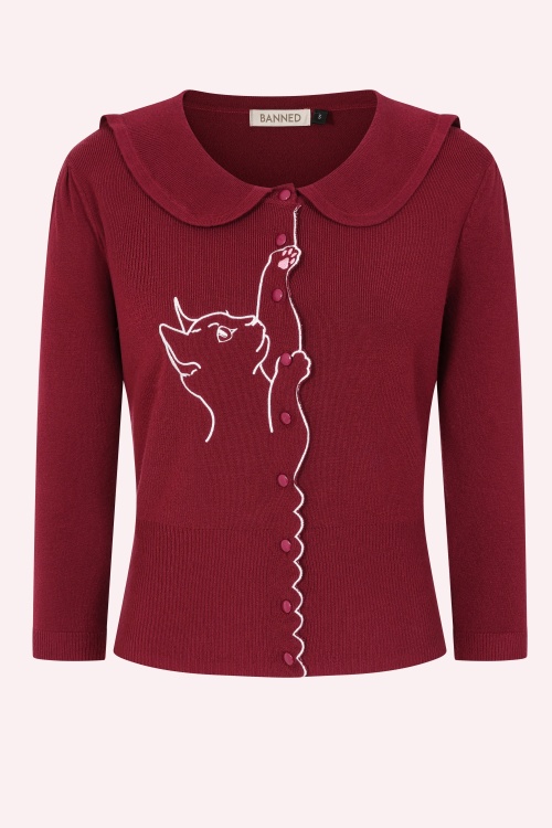 Banned Retro - Cat Scallop Collar cardigan in bordeauxrood