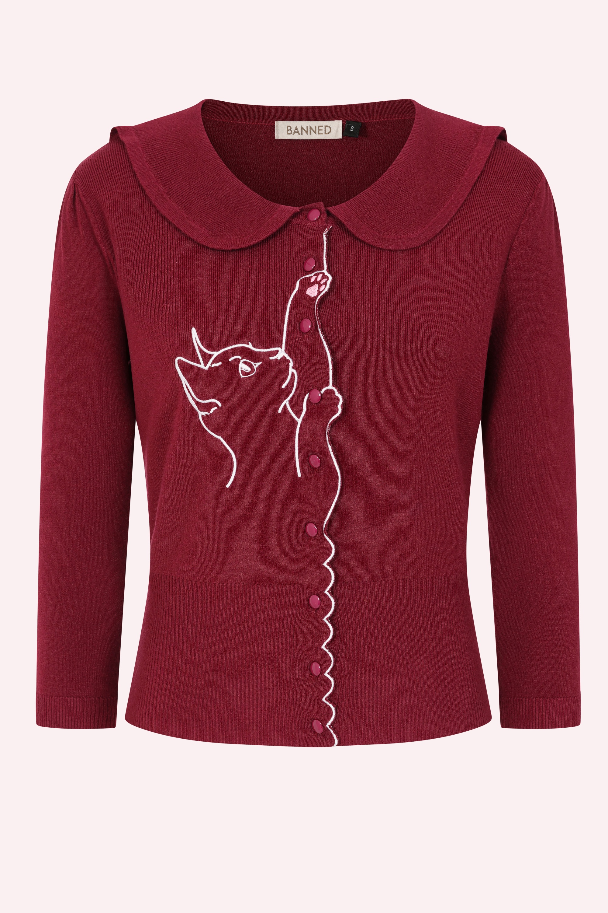 Banned Retro - Cat Scallop Collar cardigan in bordeauxrood