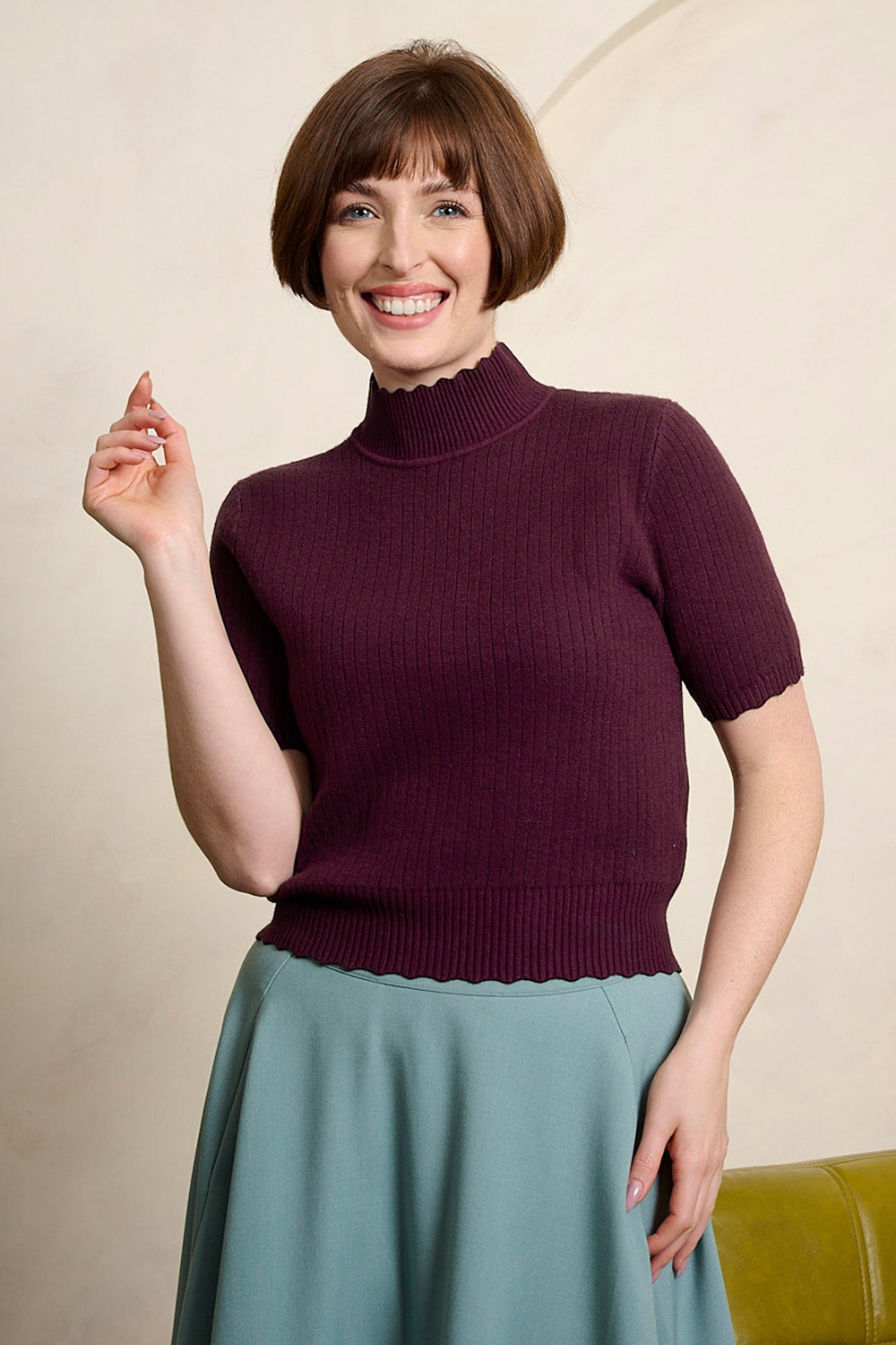 Banned Retro - Jane Sweet Scallop gebreide top in aubergine