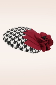 Banned Retro - Houndstooth Rose fascinator in rood en zwart