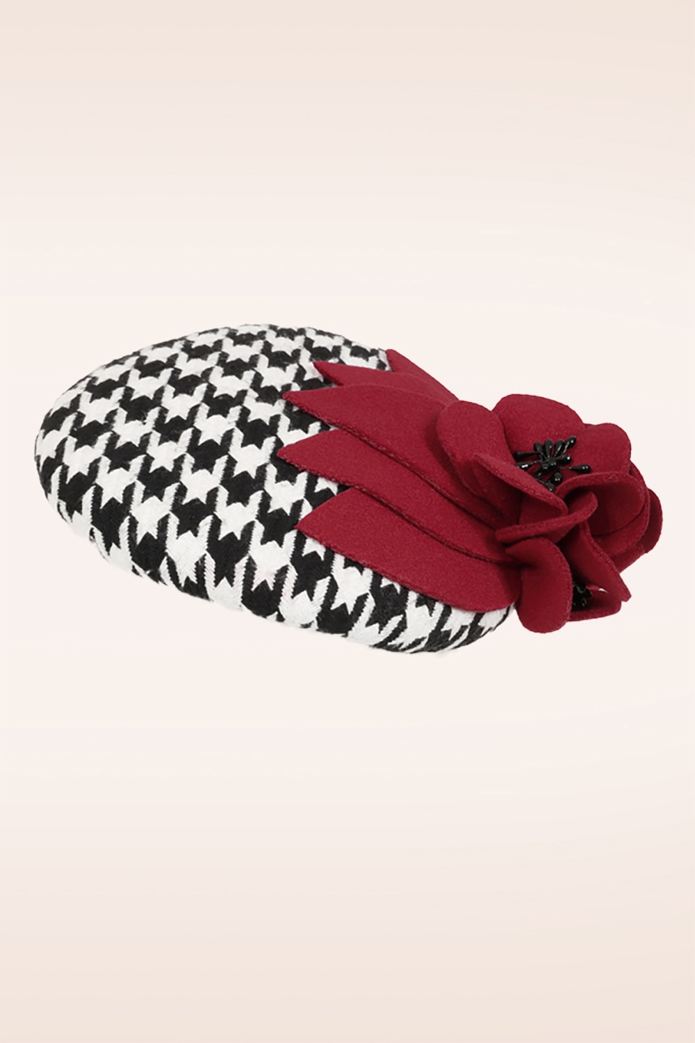 Banned Retro - Houndstooth Rose fascinator in rood en zwart
