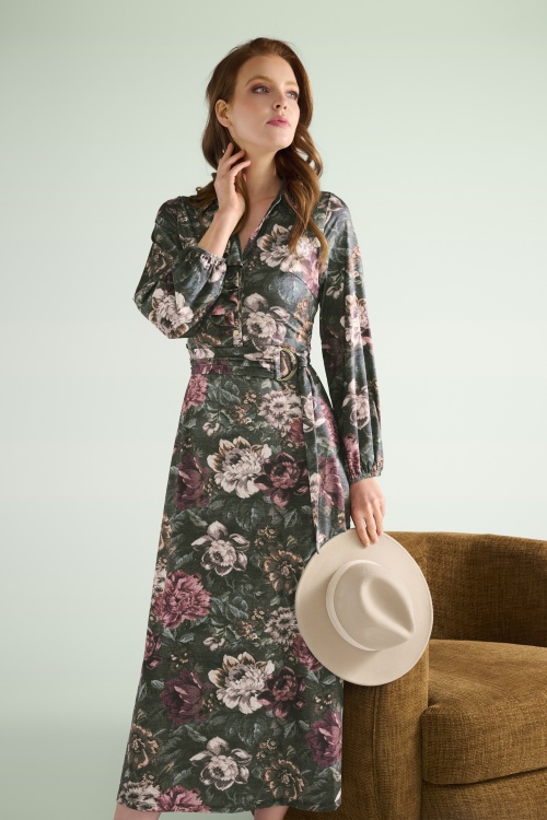 K-Design - Vintage Rose Garden Maxi Dress in Dark Sage