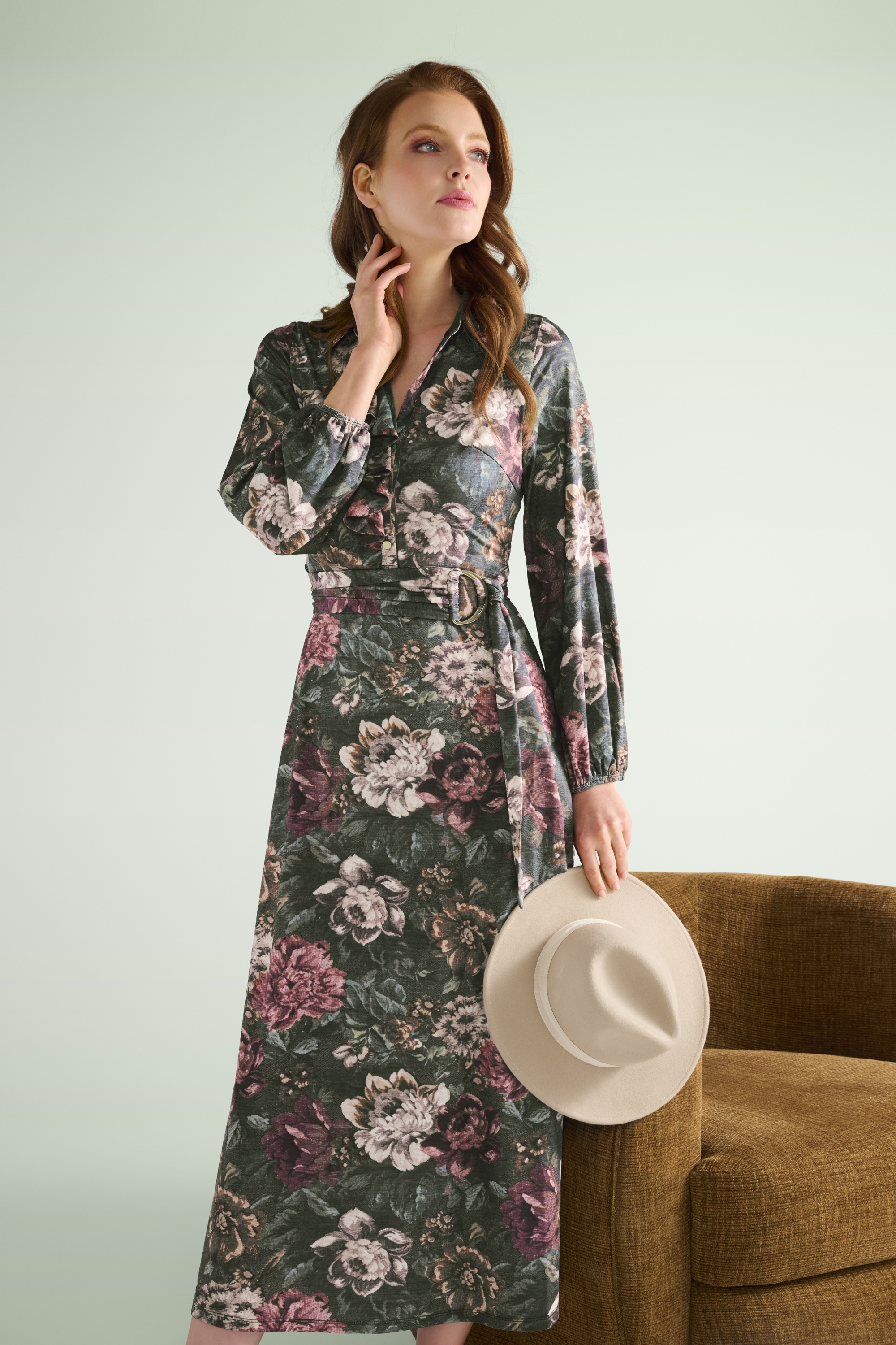 K-Design - Vintage Rose Garden Maxi Dress in Dark Sage
