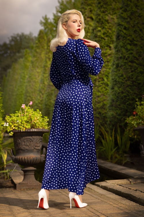 Topvintage Boutique Collection - Topvintage exclusive ~ Carina Polkadot Maxi Wrap Dress in Blue and White  3