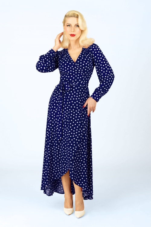 Topvintage Boutique Collection - Topvintage exclusive ~ Carina Polkadot Maxi Wrap Dress in Blue and White  6