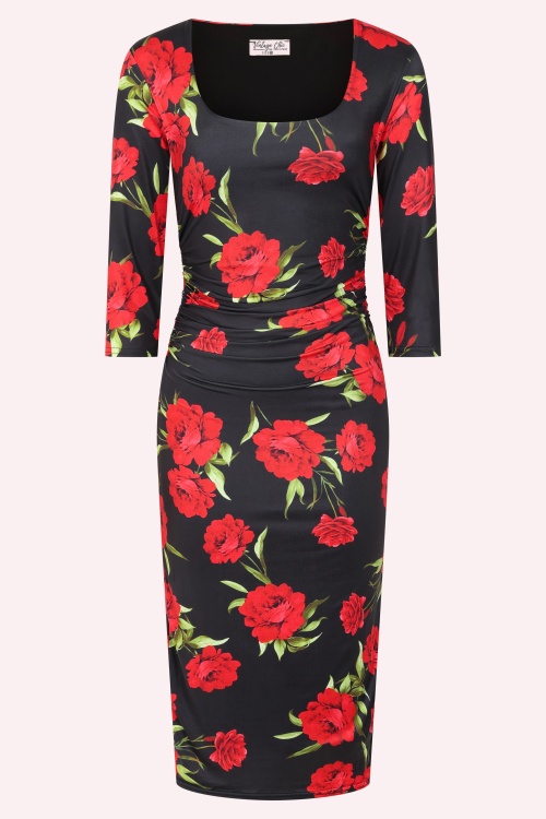 Vintage Chic for Topvintage - Topvintage exclusive ~ Lola Floral Allure Slinky Pencil Dress in Black and Red