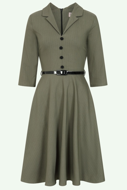 Vintage Chic for Topvintage - Exklusiv bei Topvintage ~ Arinde Pinstipe Swing Kleid in Olivgrün