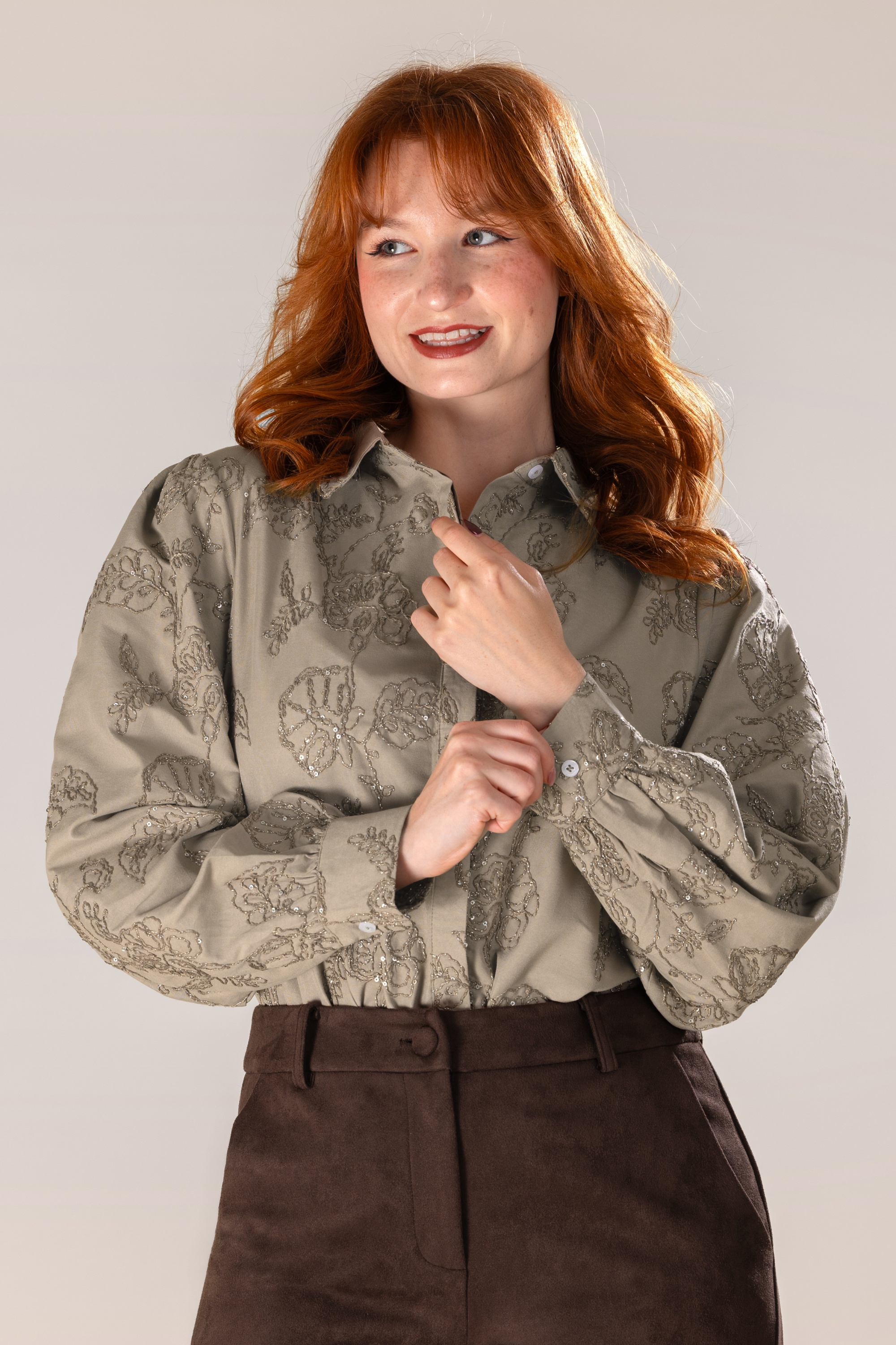 Smashed Lemon - Soft Blossom Beaded Blouse in Taupe