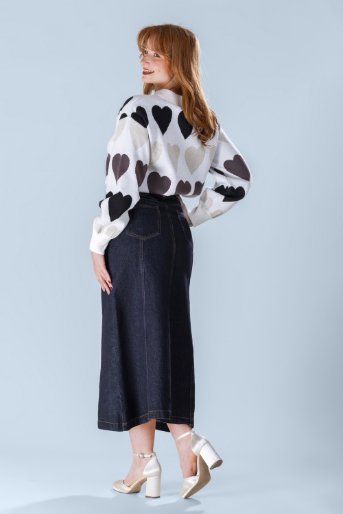 Smashed Lemon - Mila Midi  A-line Skirt in Dark Blue Denim 3