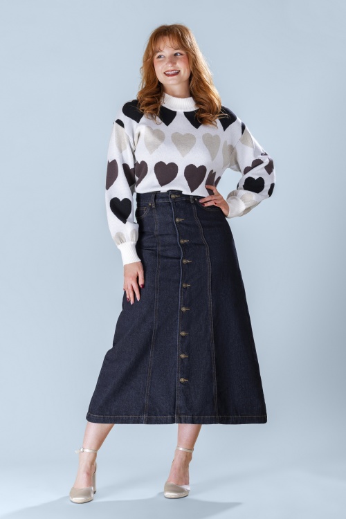 Smashed Lemon - Mila Midi  A-line Skirt in Dark Blue Denim