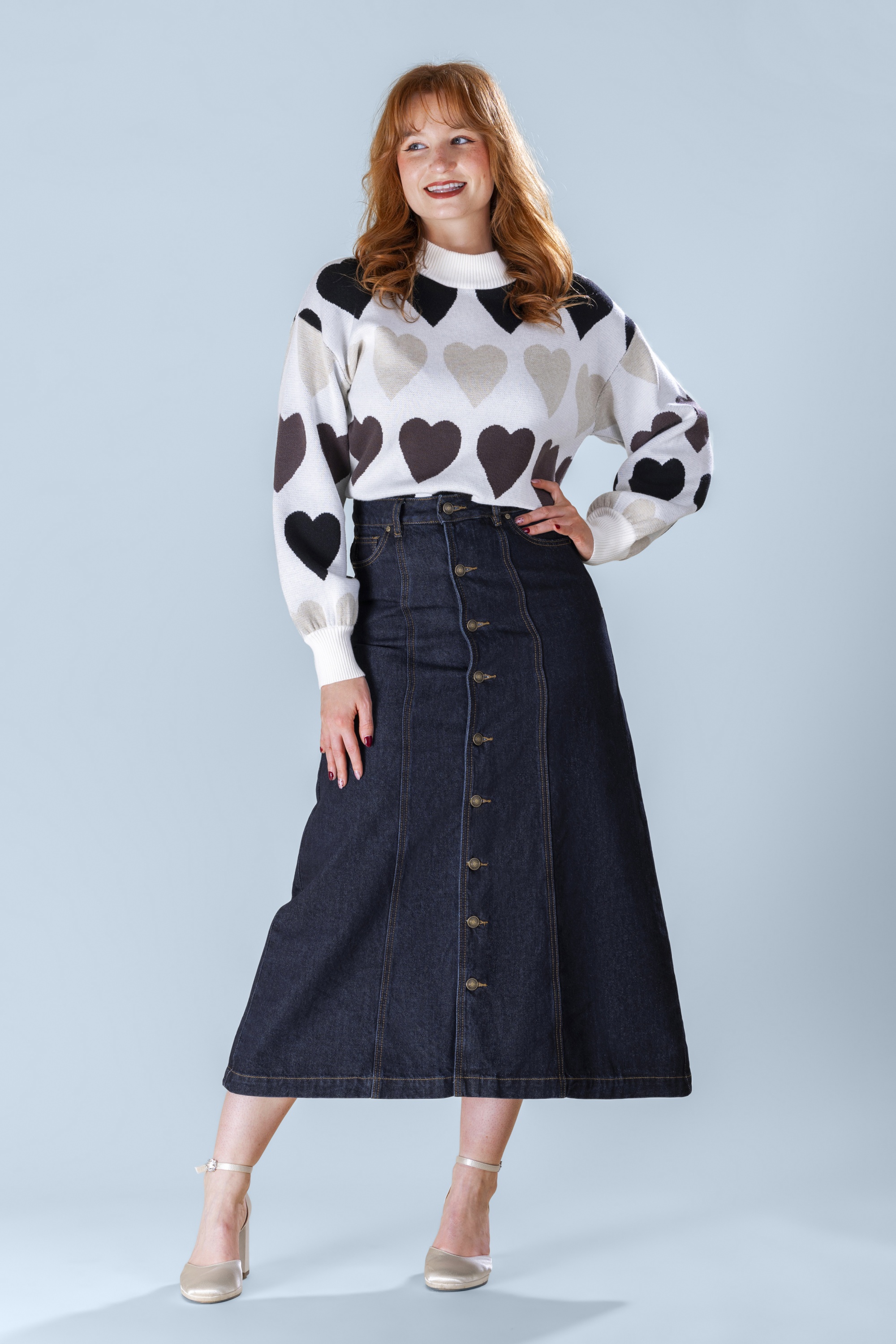Smashed Lemon - Mila Midi  A-line Skirt in Dark Blue Denim