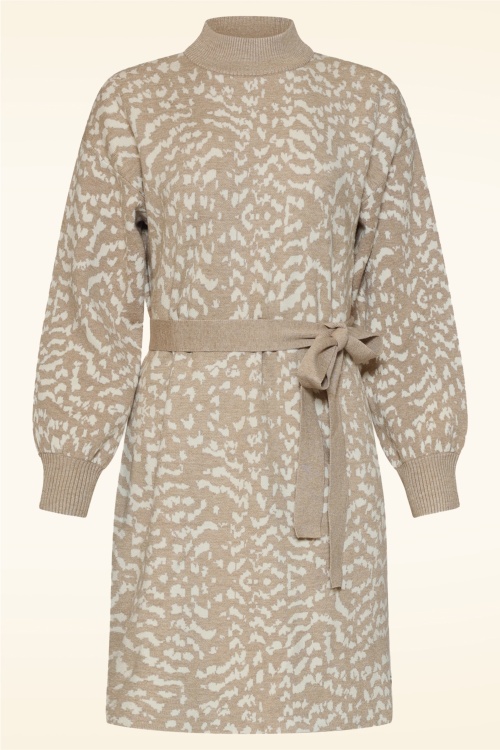 Smashed Lemon - Hazel Harmony Leopard gebreide jurk in taupe en gebroken wit 2