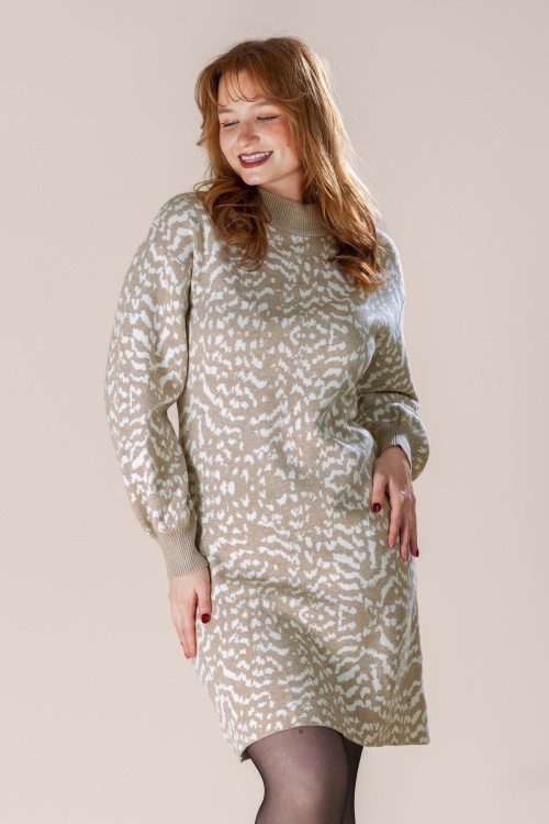 Smashed Lemon - Hazel Harmony Leopard gebreide jurk in taupe en gebroken wit