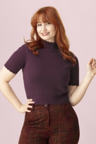 Banned Retro - Jane Sweet Scallop Strickoberteil in Aubergine