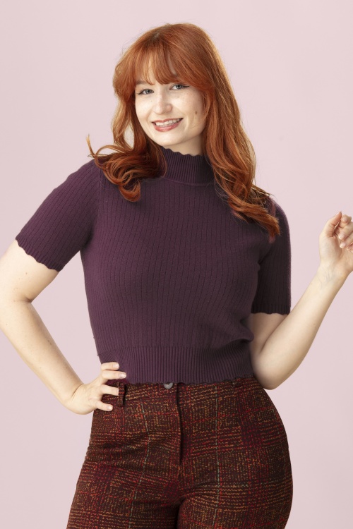 Banned Retro - Pull festonné en maille Jane Sweet Scallop en aubergine