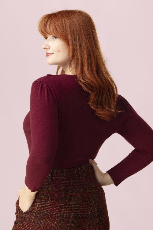 Banned Retro - Cat Scallop Collar Cardigan in Weinrot 2