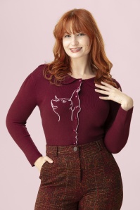 Banned Retro - Cat Scallop Collar cardigan in bordeauxrood