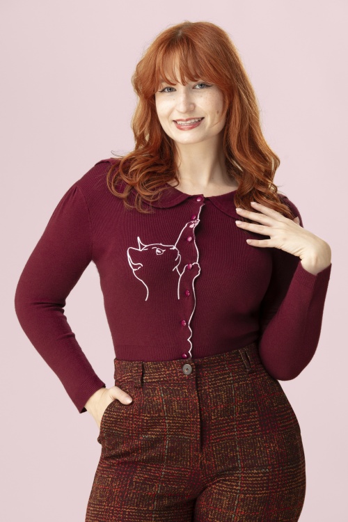 Banned Retro - Cat Scallop Collar Cardigan in Weinrot