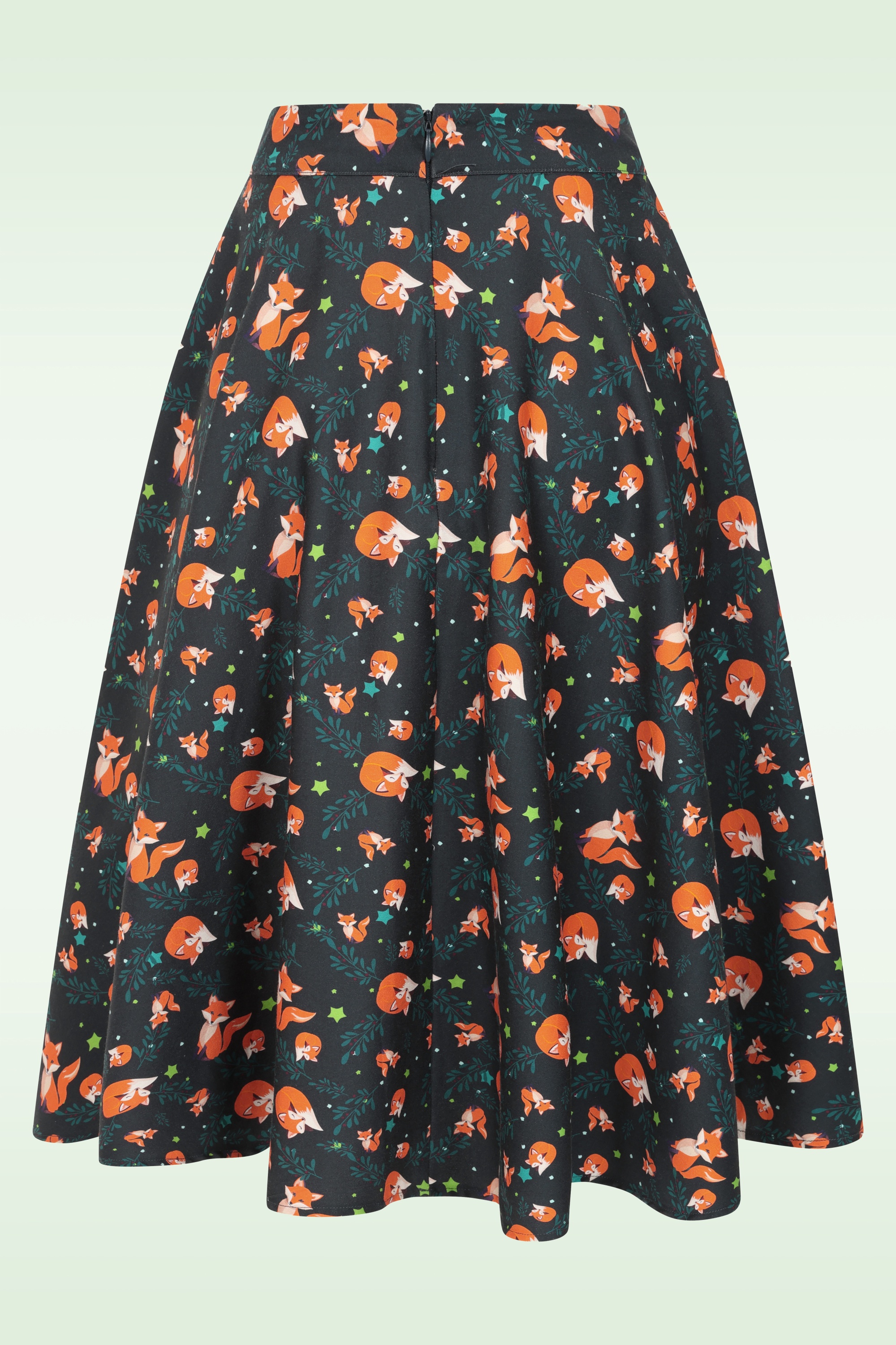 Topvintage Boutique Collection - Exclusivité Topvintage ~ Jupe swing à motif renards Shelvia Fox en bleu sarcelle de minuit 4