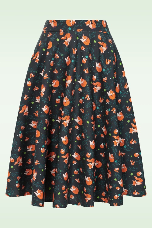 Topvintage Boutique Collection - Exclusivité Topvintage ~ Jupe swing à motif renards Shelvia Fox en bleu sarcelle de minuit 2
