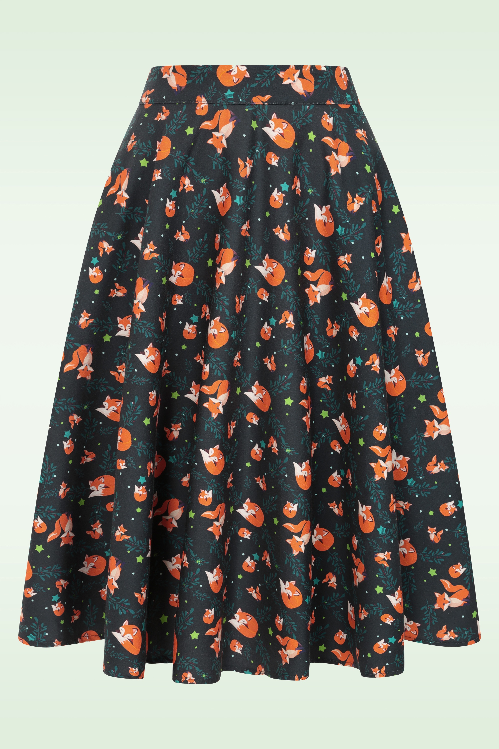 Topvintage Boutique Collection - Exclusivité Topvintage ~ Jupe swing à motif renards Shelvia Fox en bleu sarcelle de minuit 2