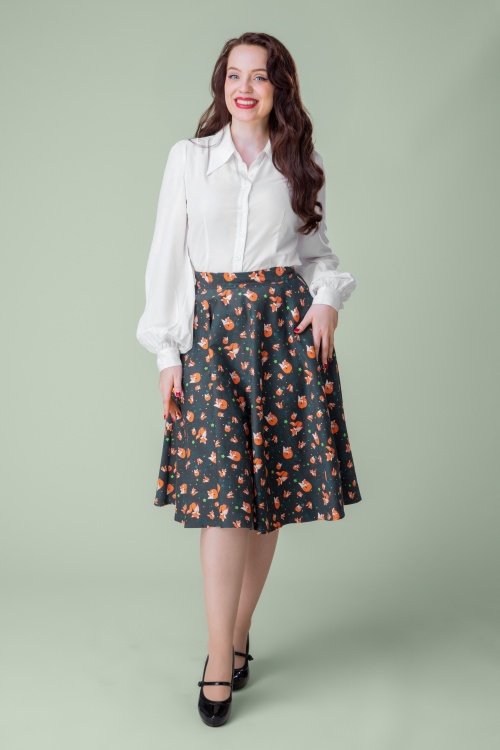 Topvintage Boutique Collection - Exclusivité Topvintage ~ Jupe swing à motif renards Shelvia Fox en bleu sarcelle de minuit