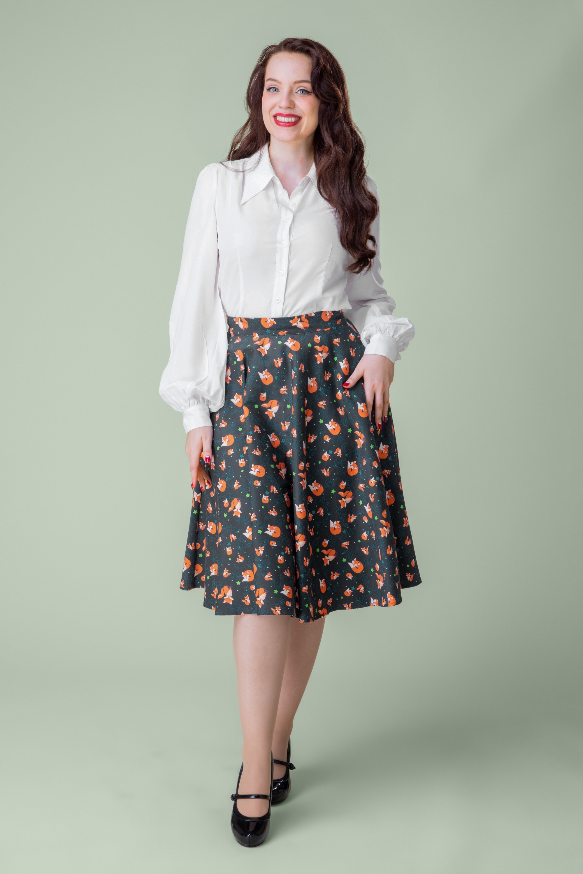 Topvintage Boutique Collection - Exclusivité Topvintage ~ Jupe swing à motif renards Shelvia Fox en bleu sarcelle de minuit