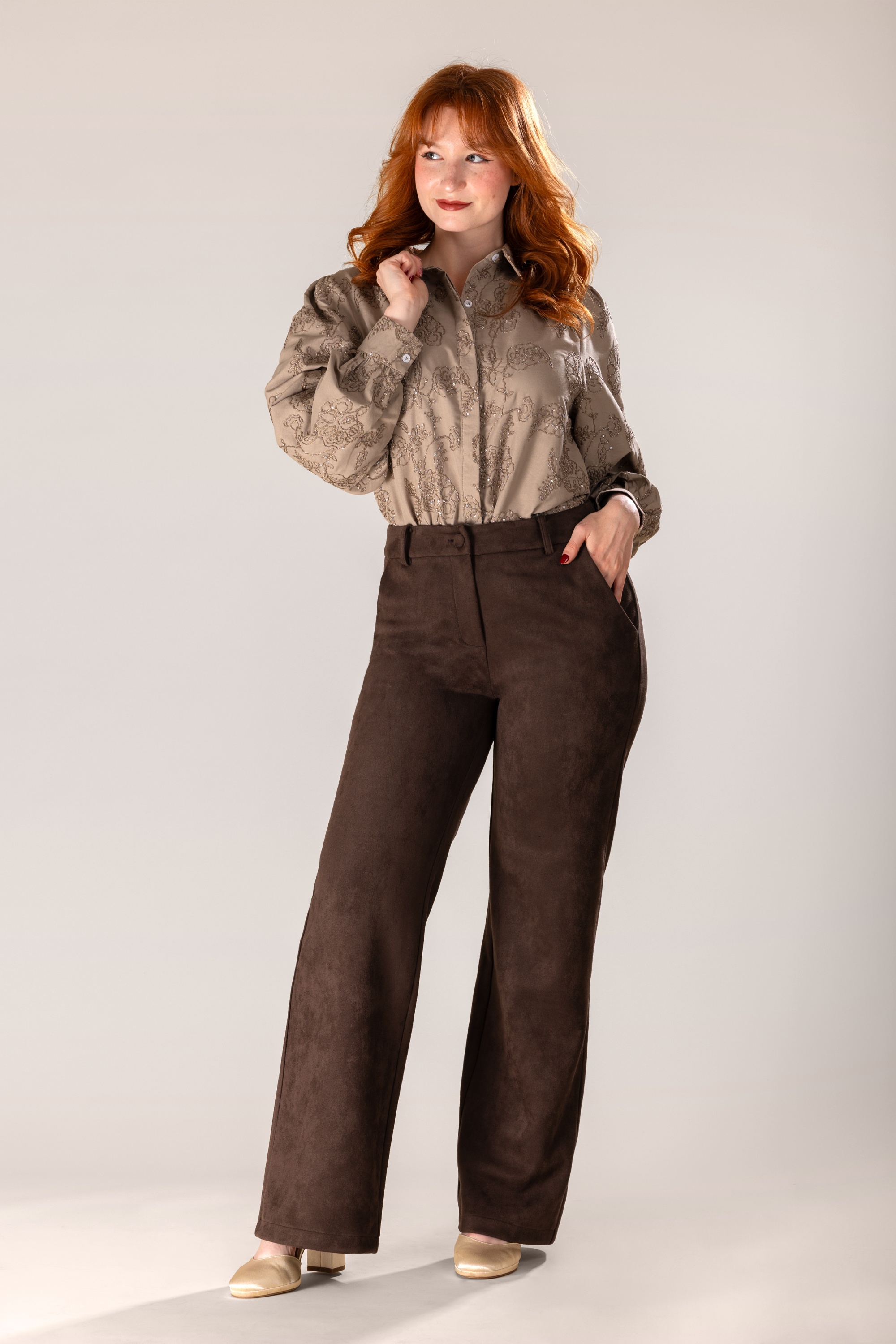 Smashed Lemon - Mandy suèdine pantalon in donkerbruin