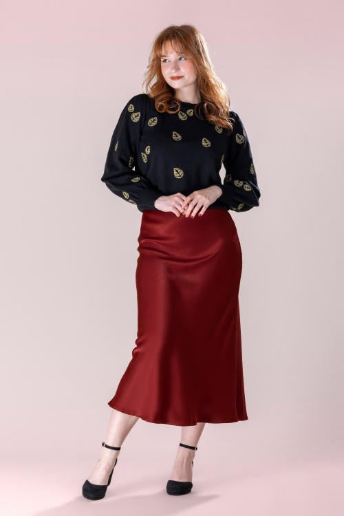 Smashed Lemon - Ruby Satin Midi Skirt in Burgundy