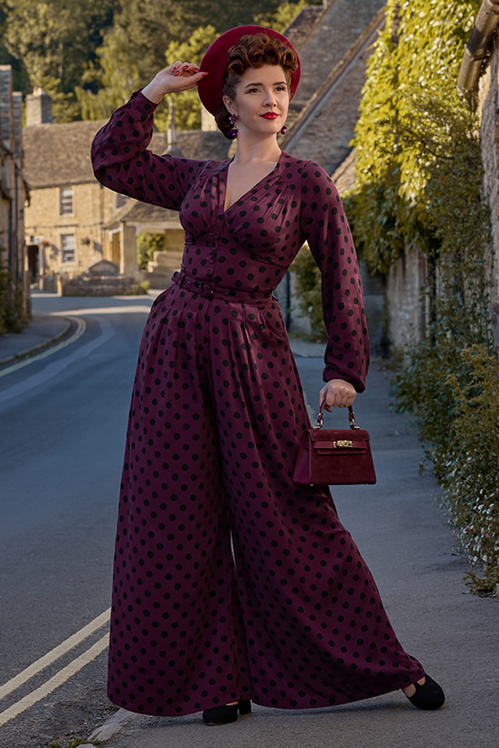 Miss Candyfloss - Galina Bo Polkadot Jumpsuit in Wine and Black