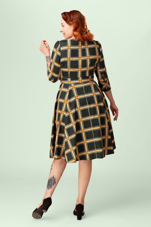 Hearts & Roses - Topvintage exclusive ~ Phoebe Plaid swing jurk in groen en geel 2