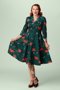 Hearts & Roses - Topvintage exclusive ~ Vera Floral swing jurk in groen