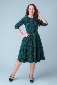 Topvintage Boutique Collection - Topvintage exclusive ~ Adriana flock swing jurk in teal en zwart