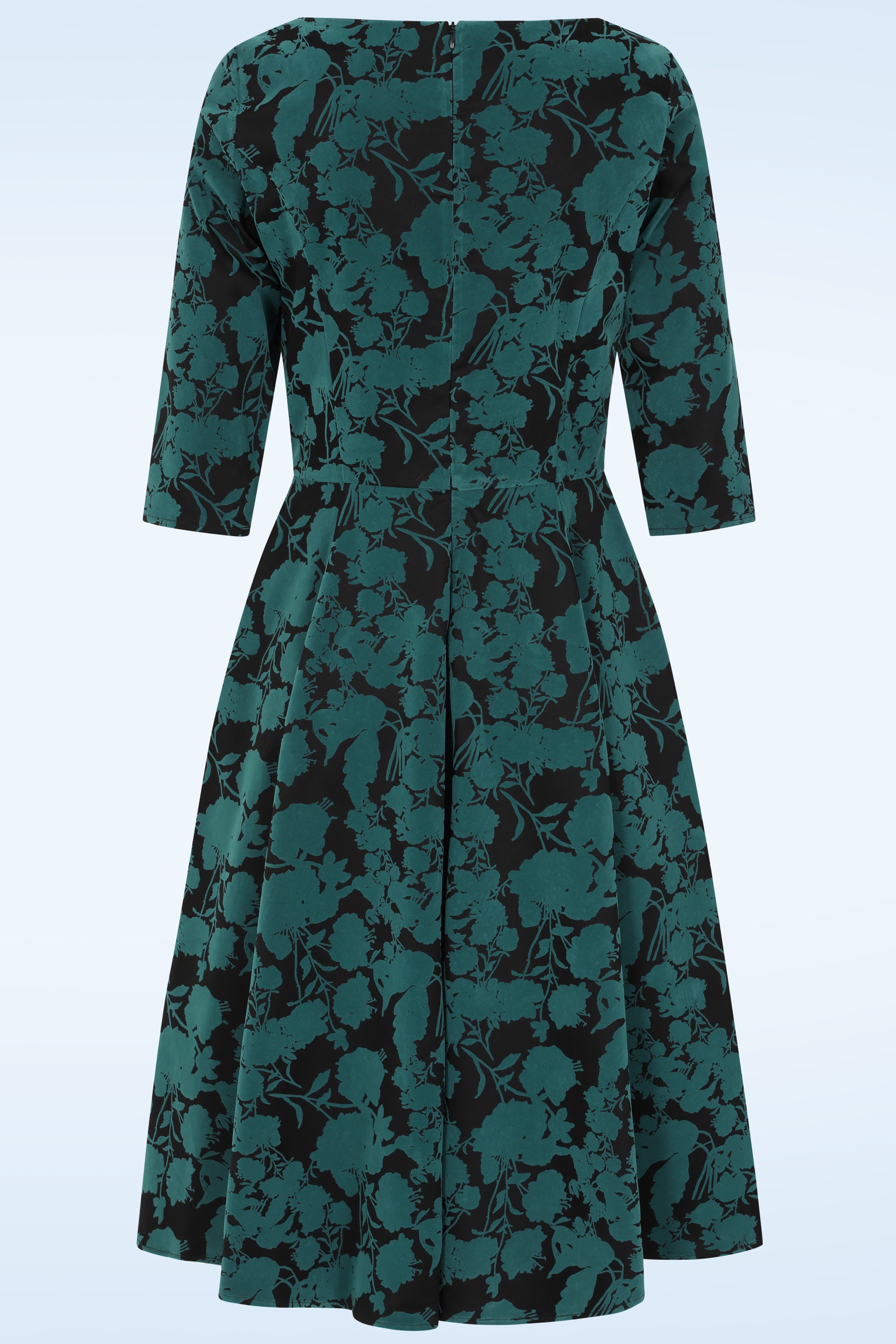 Topvintage Boutique Collection - Topvintage exclusive ~ Adriana flock swing jurk in teal en zwart 3