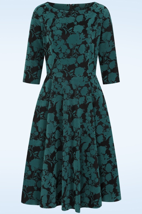Topvintage Boutique Collection - Topvintage exclusive ~ Adriana flock swing jurk in teal en zwart 2