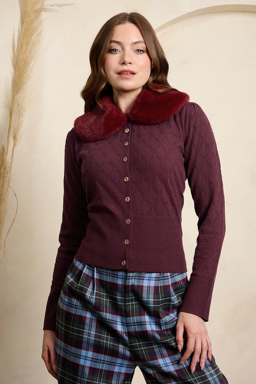 Banned Retro - Sabrina Faux Fur cardi in bordeauxrood