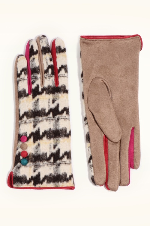 Amici - Jude Suedine Houndstooth Gloves in Beige