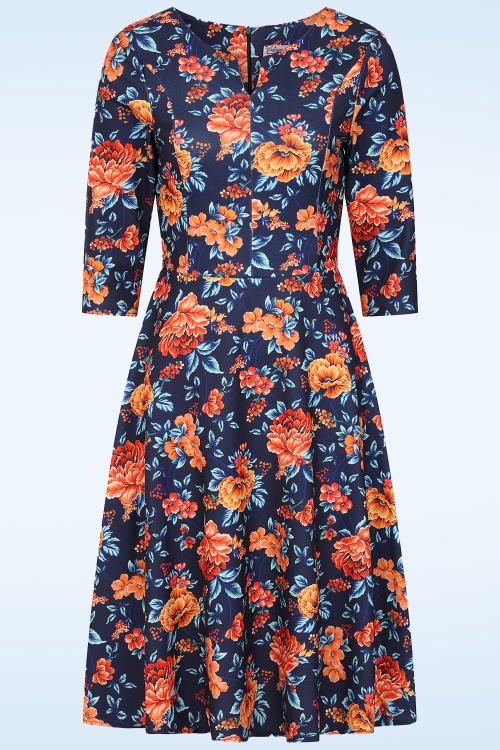 Vintage Chic for Topvintage - Topvintage exclusive ~ Ellen Floral Swing Dress in Navy and Orange