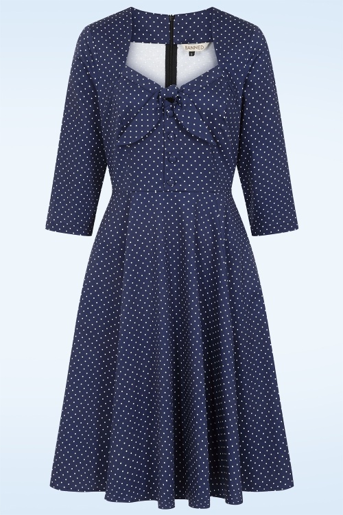 Dolly Dawn - Topvintage exclusive ~ Camilla polkadot swing jurk in marineblauw