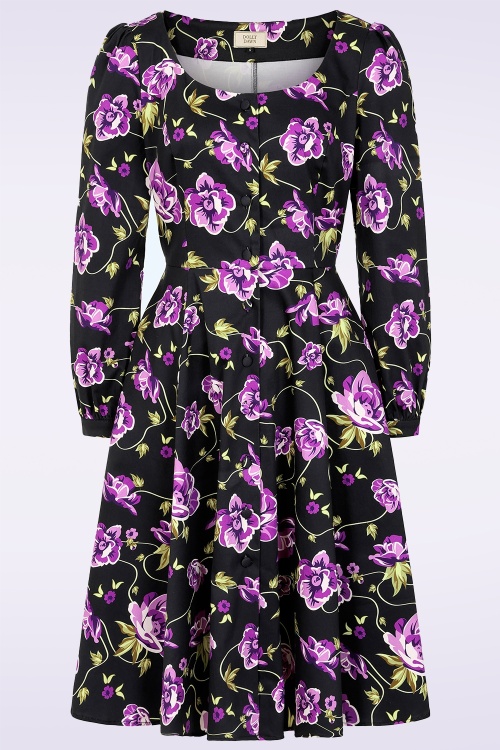 Dolly Dawn - Topvintage exclusive ~ Charlotte Floral swing jurk in zwart