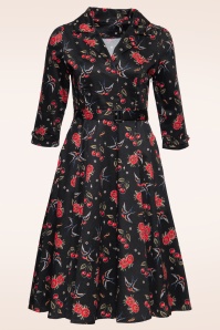 Queen Kerosin - Cherries And Roses Swing Dress in Black