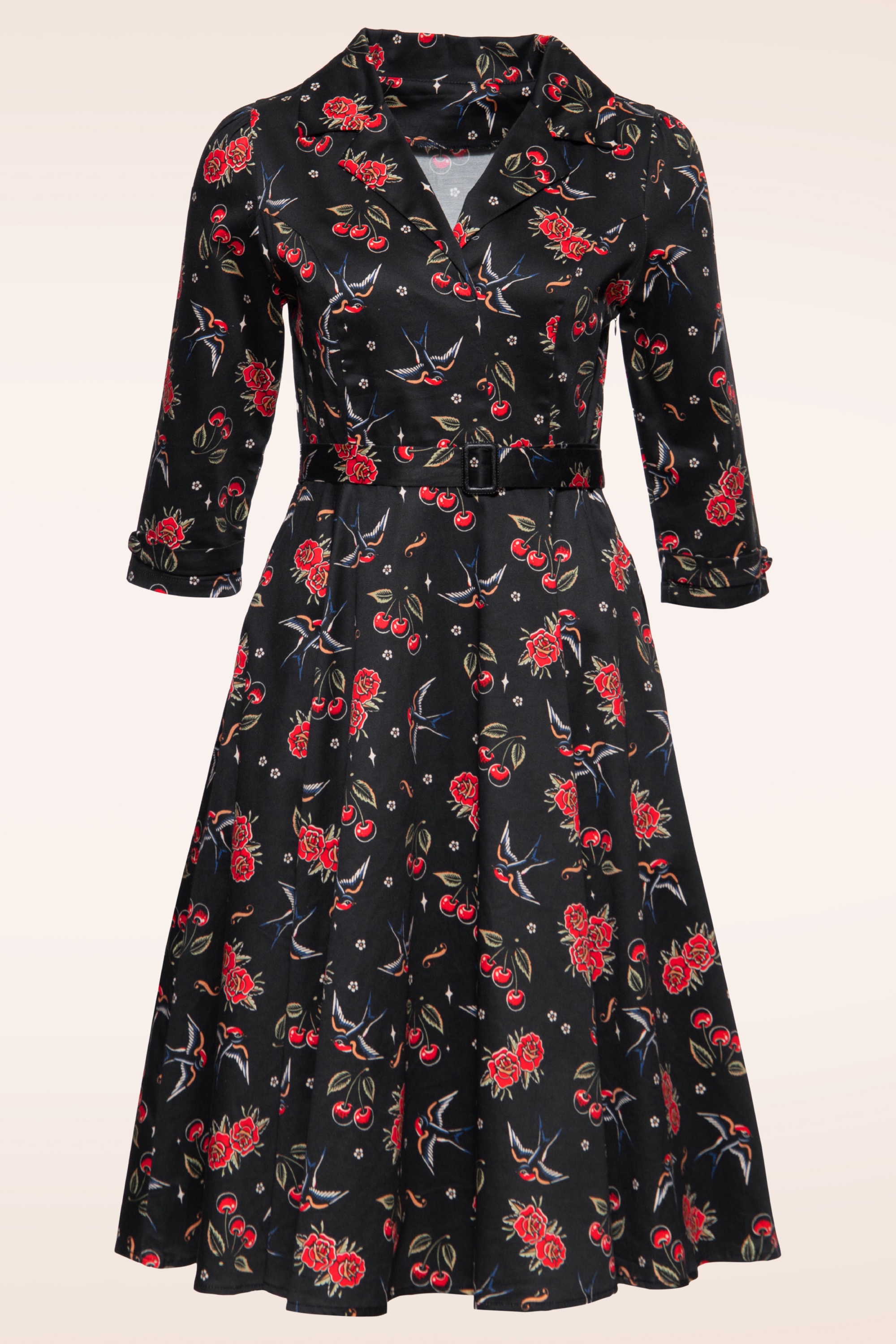 Queen Kerosin - Cherries And Roses Swing Dress in Black