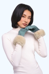 Powder - Gants en simili-daim bordés de fausse fourrure Bettina en bleu jean et beige 2