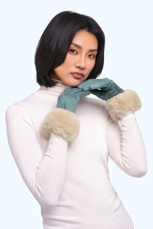 Powder - Bettina Wildlederimitat-Handschuhe mit Kunstfell in Denim-Blau und Beige 2