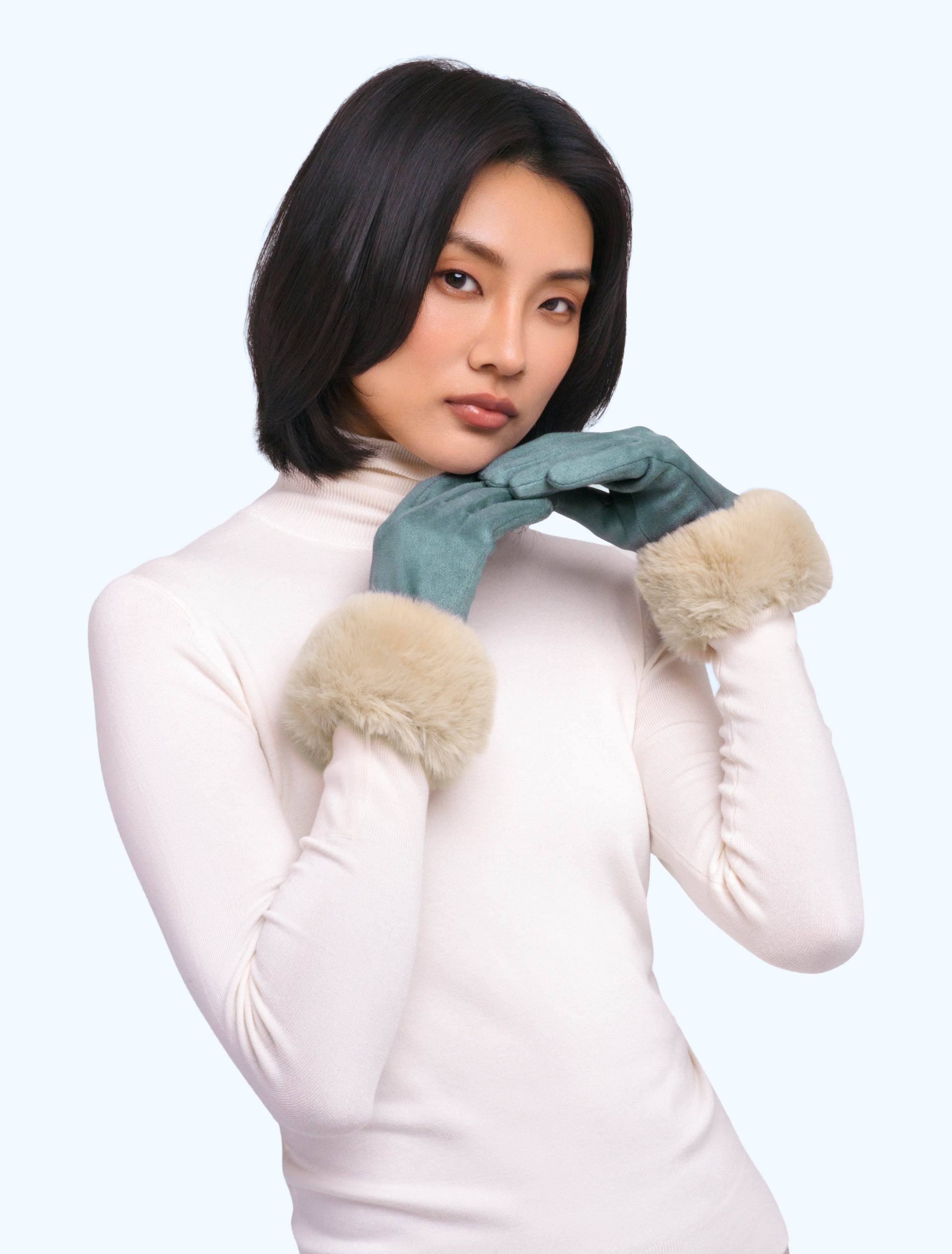 Powder - Gants en simili-daim bordés de fausse fourrure Bettina en bleu jean et beige 2