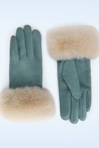 Powder - Gants en simili-daim bordés de fausse fourrure Bettina en bleu jean et beige