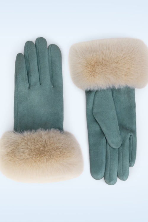 Powder - Bettina Wildlederimitat-Handschuhe mit Kunstfell in Denim-Blau und Beige