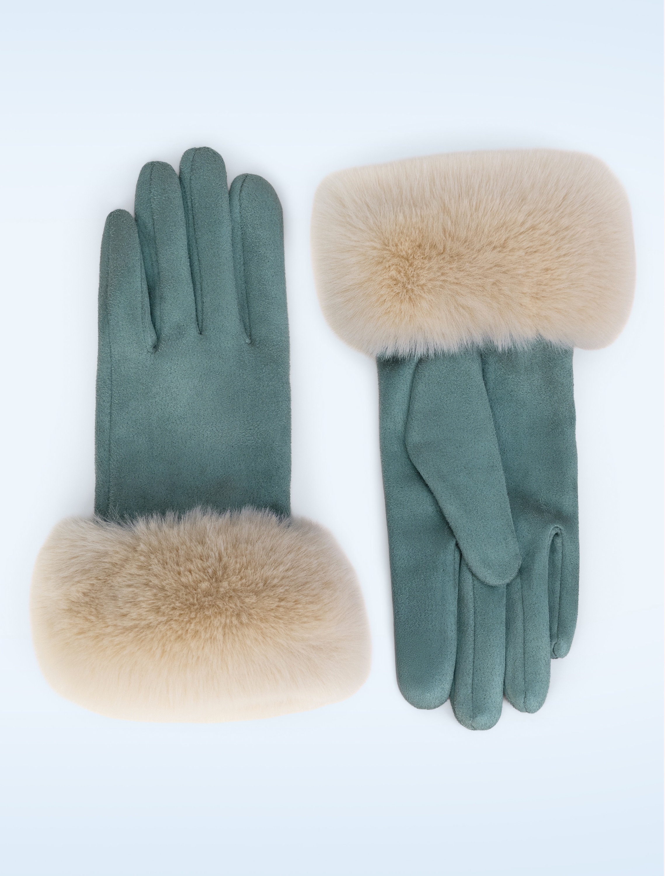 Powder - Gants en simili-daim bordés de fausse fourrure Bettina en bleu jean et beige