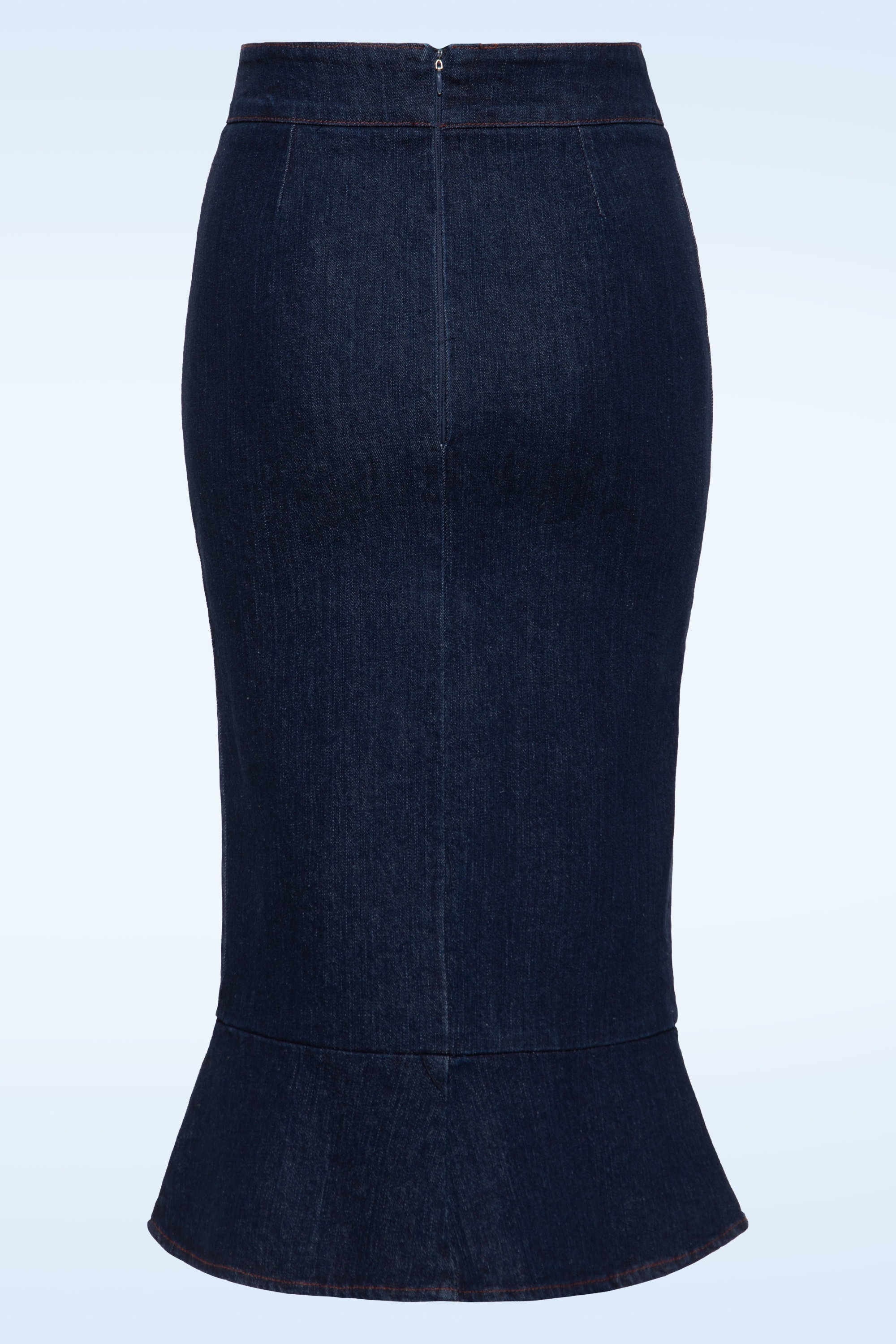 Queen Kerosin - Fishtail Denim Pencil Skirt in Dark Blue Wash 2